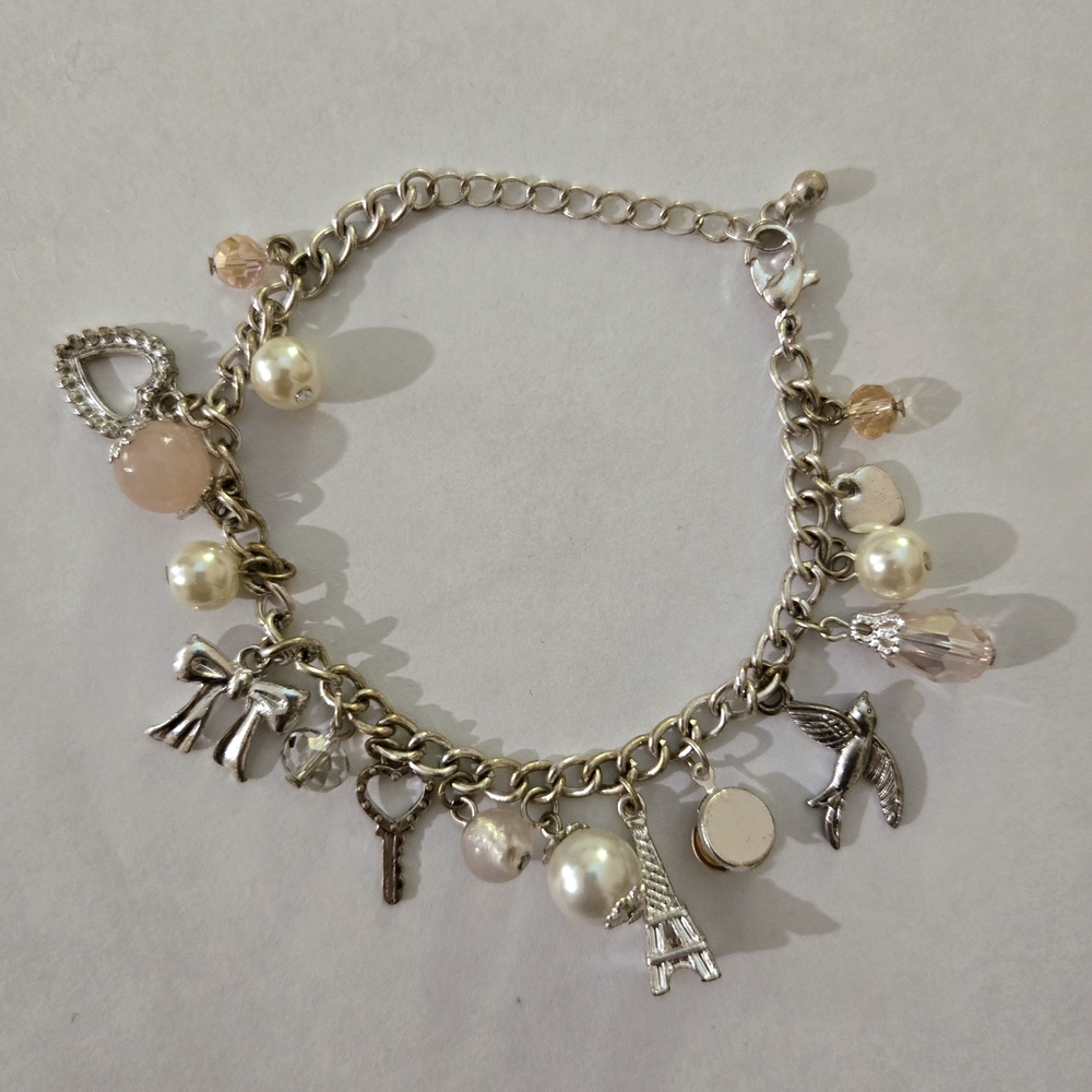 Silver and Pink Charm Bracelet Adjustable 7 Inch+2 Inch Heart Bow Crystal Pearl
